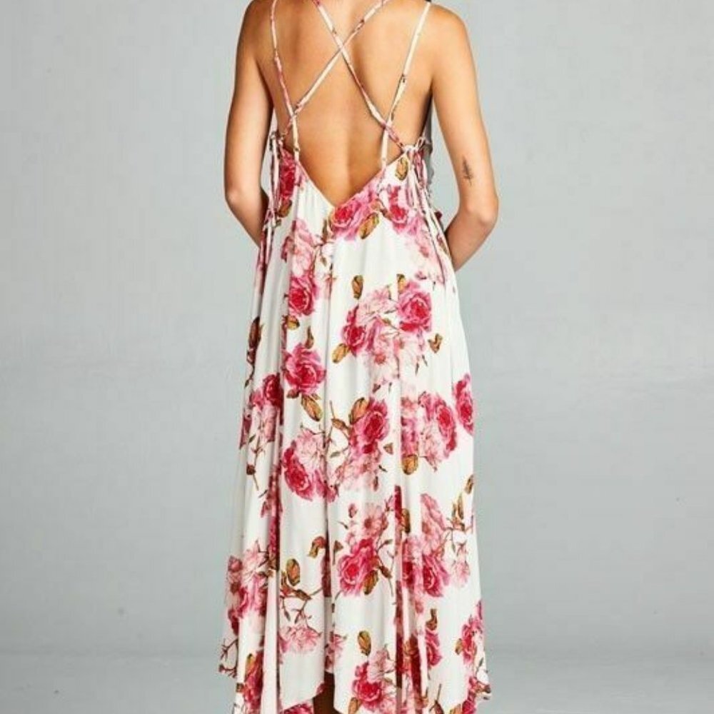 AAKAA Boho Ivory Pink Floral Lace-up Maxi Dress - Picture 2 of 5
